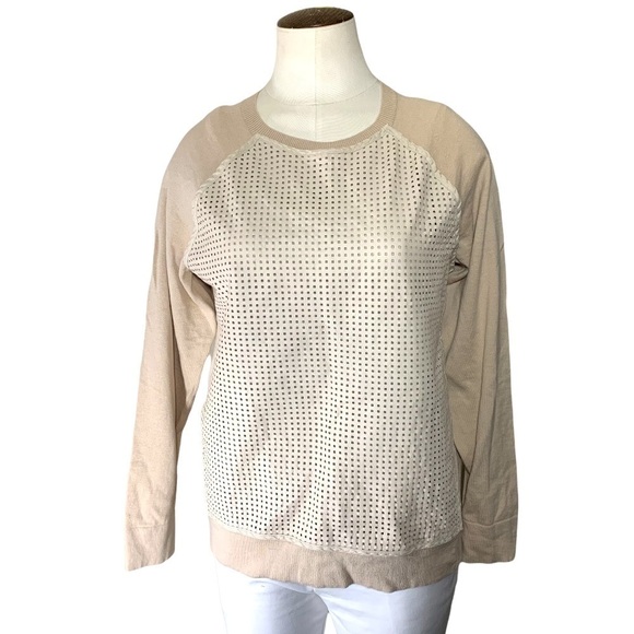 Judith & Charles Size L Cream Leather Mesh Cotton Front & Cashmere Sweater Top - Picture 1 of 10